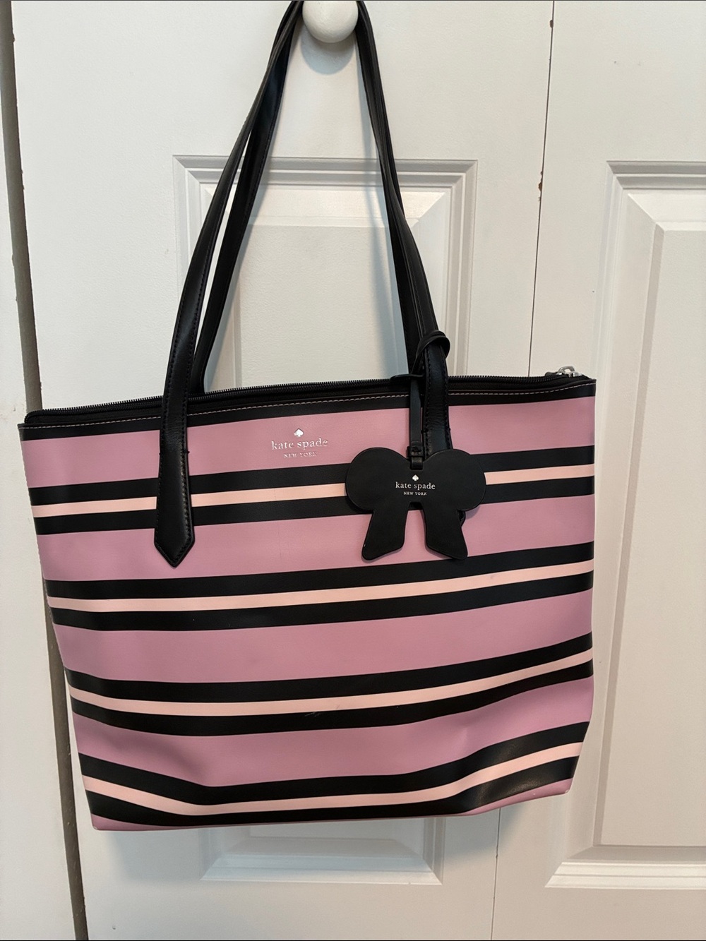 kate spade Pink and Black Striped Tote with Bow Charm